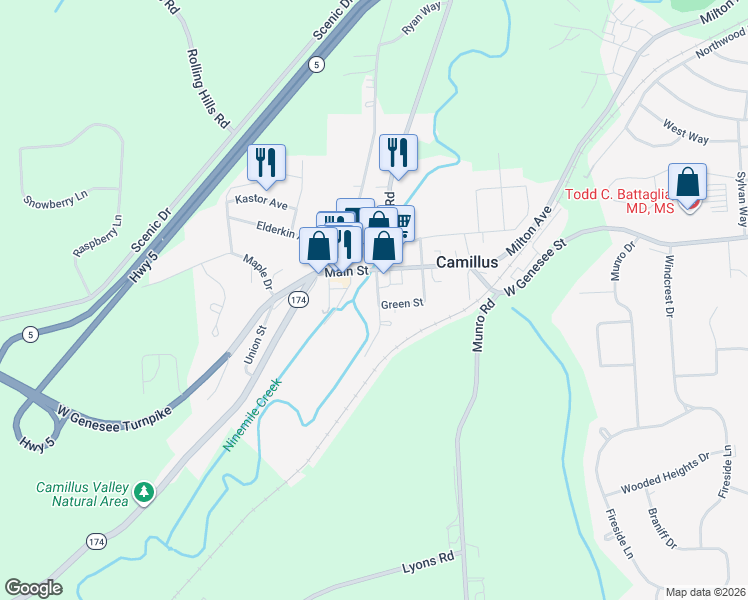 map of restaurants, bars, coffee shops, grocery stores, and more near 8 South Street in Camillus