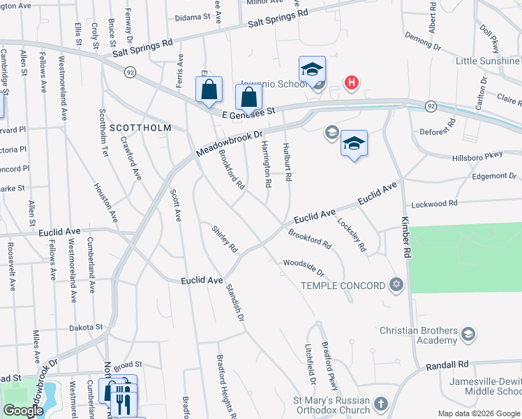 map of restaurants, bars, coffee shops, grocery stores, and more near 306 Brookford Road in Syracuse