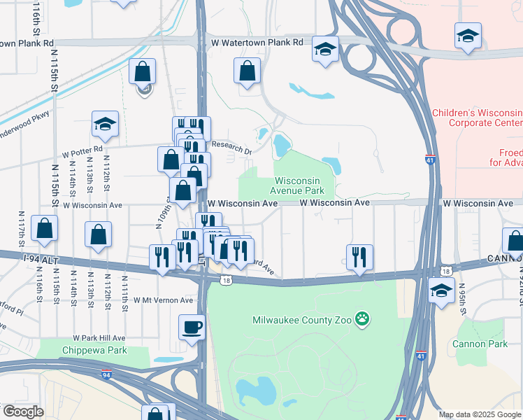 map of restaurants, bars, coffee shops, grocery stores, and more near 10517 West Wisconsin Avenue in Wauwatosa
