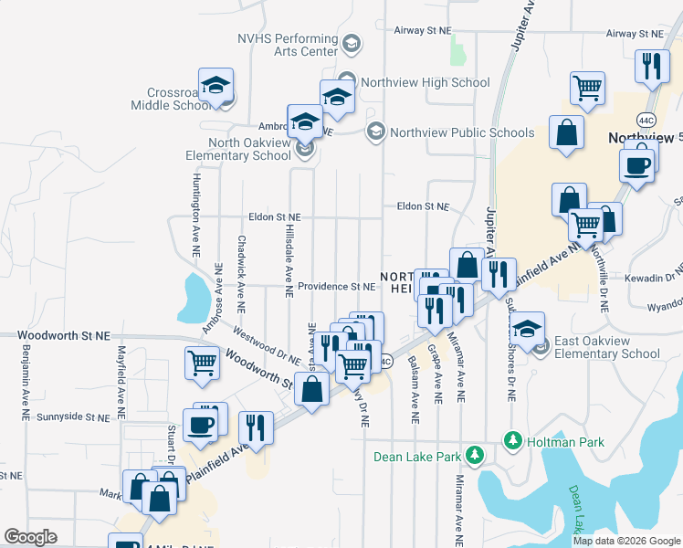 map of restaurants, bars, coffee shops, grocery stores, and more near 4116 Bell Avenue Northeast in Grand Rapids