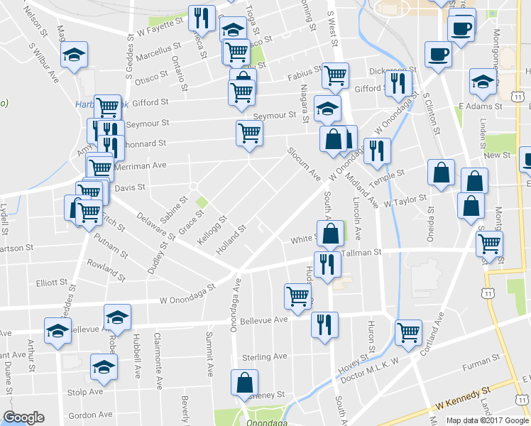 map of restaurants, bars, coffee shops, grocery stores, and more near 233-35 Holland St in Syracuse