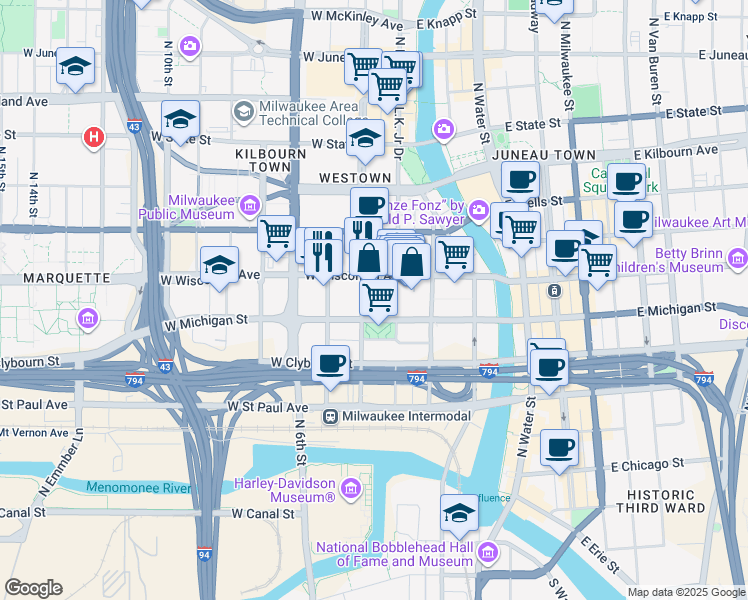 map of restaurants, bars, coffee shops, grocery stores, and more near 301 West Wisconsin Avenue in Milwaukee