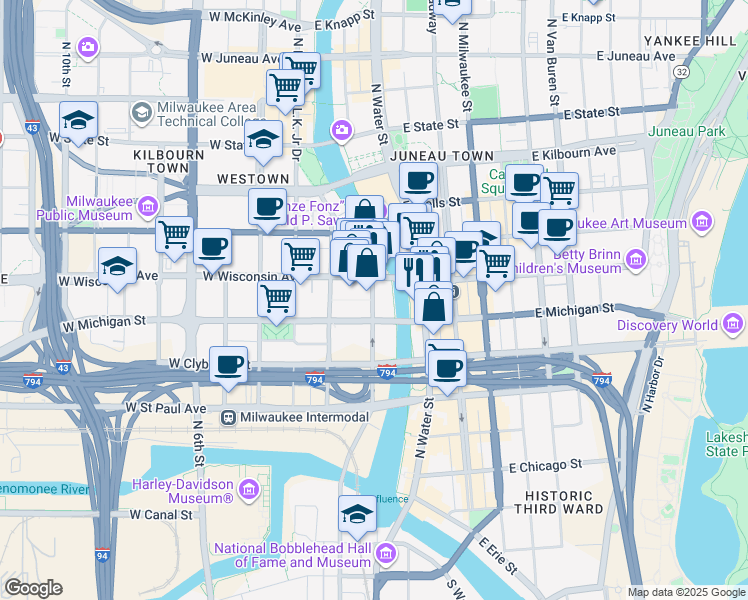 map of restaurants, bars, coffee shops, grocery stores, and more near in Milwaukee