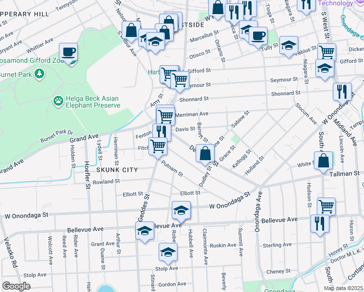 map of restaurants, bars, coffee shops, grocery stores, and more near 549 Delaware Street in Syracuse