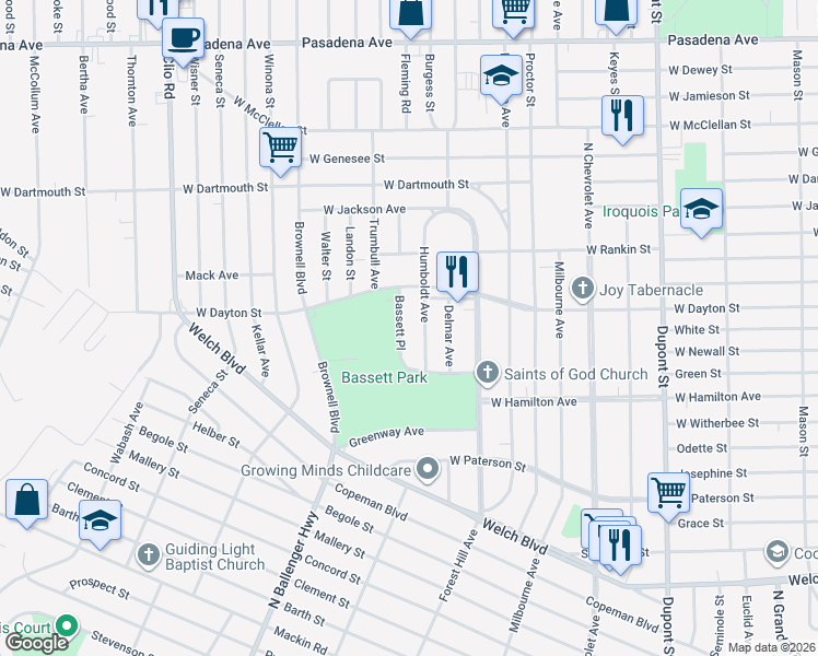 map of restaurants, bars, coffee shops, grocery stores, and more near 2402 Humboldt Avenue in Flint