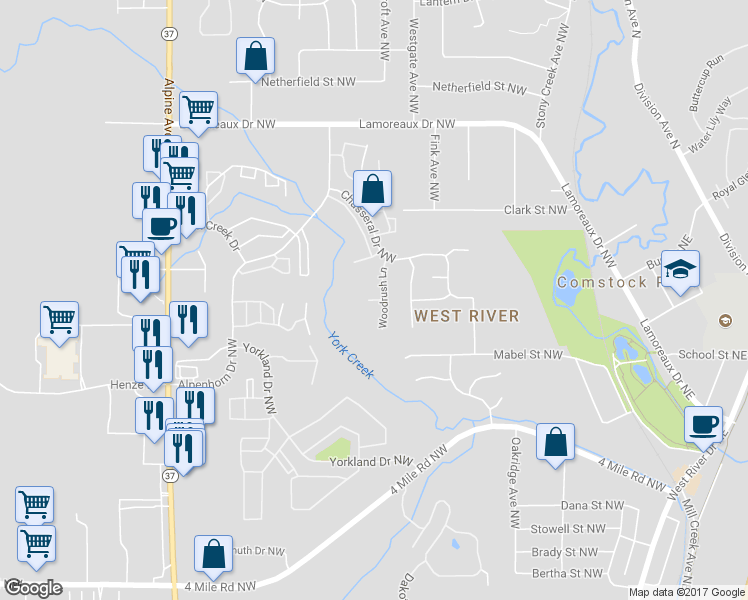 map of restaurants, bars, coffee shops, grocery stores, and more near 460 Woodrush Court Northwest in Comstock Park