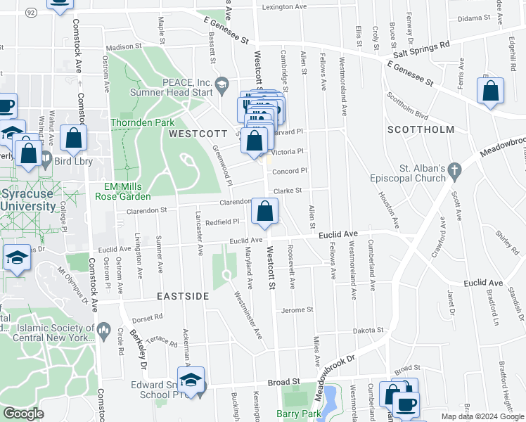 map of restaurants, bars, coffee shops, grocery stores, and more near 718-20 Westcott Street in Syracuse