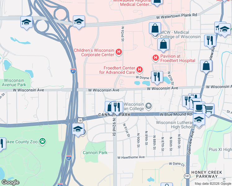 map of restaurants, bars, coffee shops, grocery stores, and more near 9155 West Wisconsin Avenue in Milwaukee