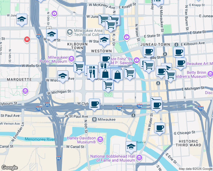 map of restaurants, bars, coffee shops, grocery stores, and more near 640 North Vel R. Phillips Avenue in Milwaukee