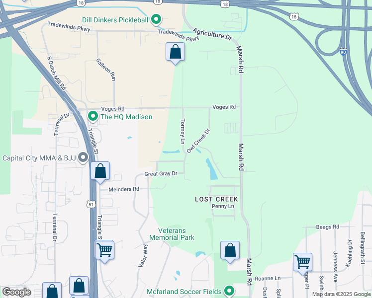 map of restaurants, bars, coffee shops, grocery stores, and more near 4118 Owl Creek Drive in Madison