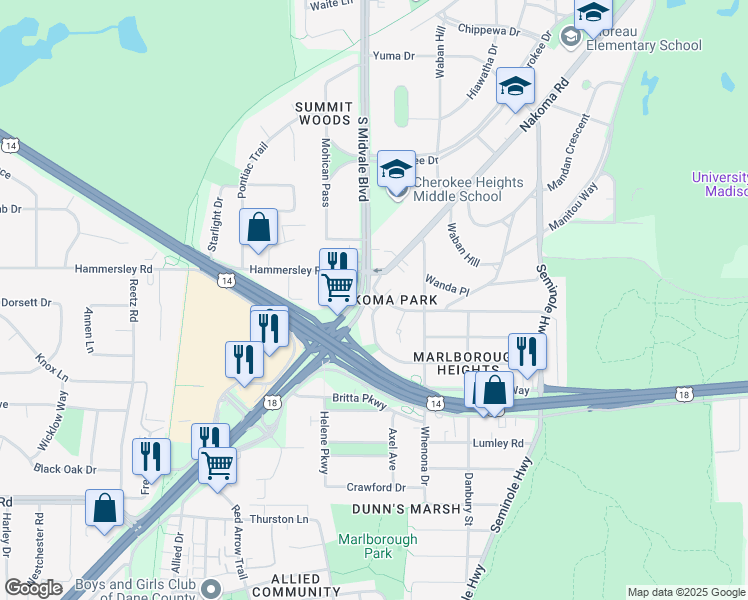 map of restaurants, bars, coffee shops, grocery stores, and more near 4325 Mohawk Drive in Madison