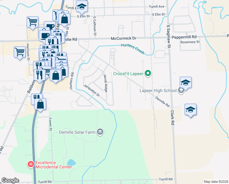 map of restaurants, bars, coffee shops, grocery stores, and more near 384 Chinkapin Trail in Lapeer