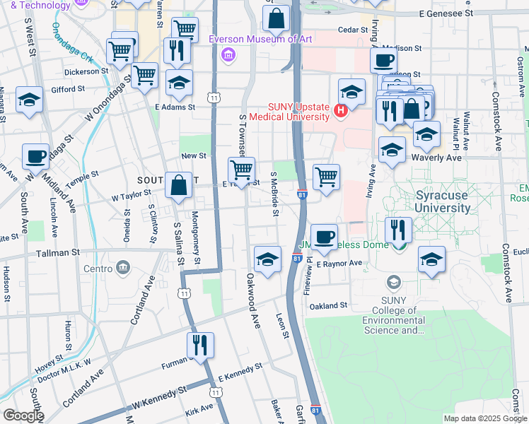 map of restaurants, bars, coffee shops, grocery stores, and more near 416 Burt Street in Syracuse