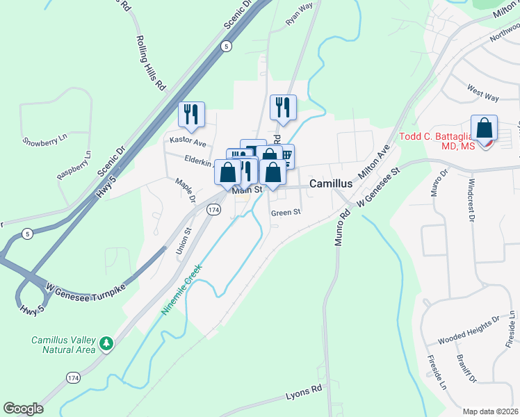map of restaurants, bars, coffee shops, grocery stores, and more near 8 South Street in Camillus