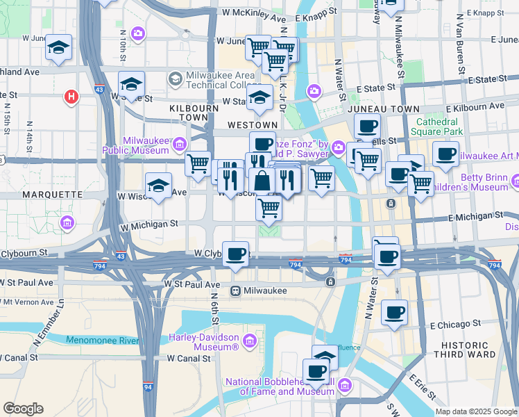 map of restaurants, bars, coffee shops, grocery stores, and more near 615 Vel R. Phillips Avenue in Milwaukee