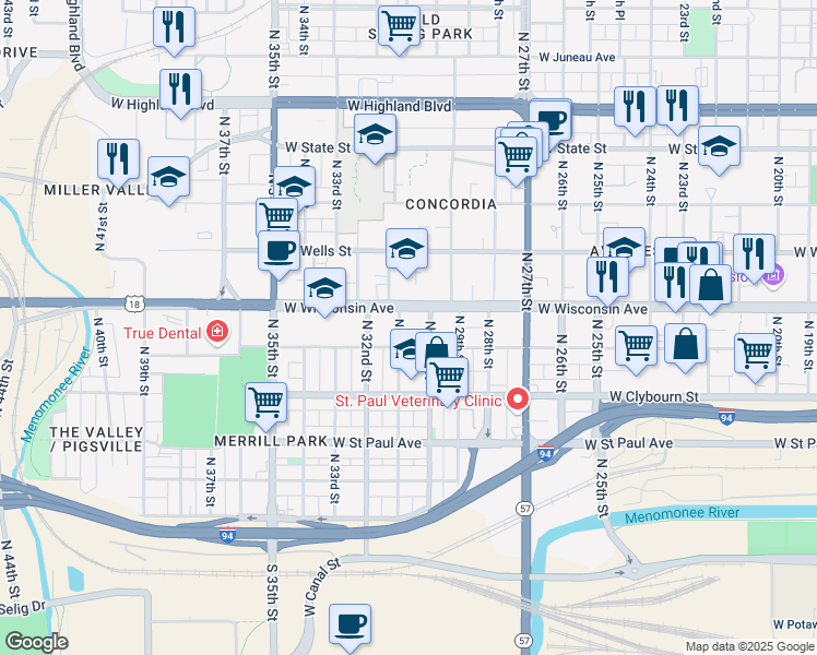map of restaurants, bars, coffee shops, grocery stores, and more near 3030 West Michigan Street in Milwaukee