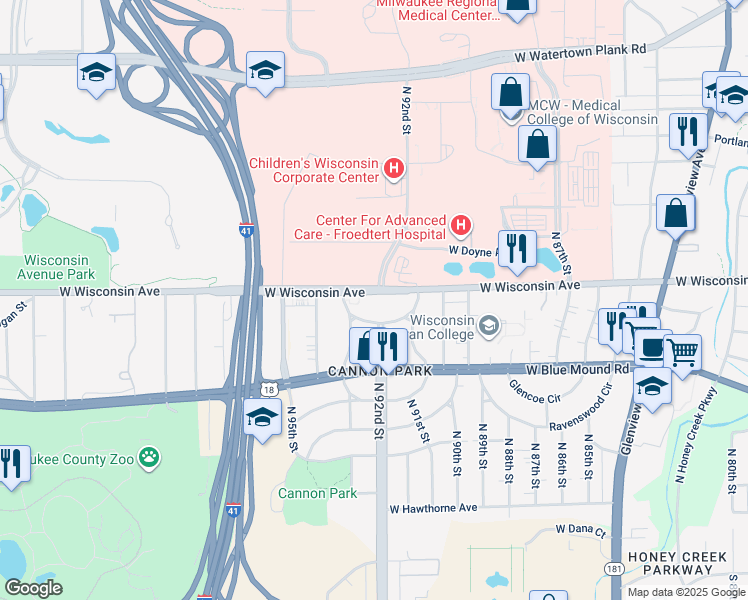 map of restaurants, bars, coffee shops, grocery stores, and more near 9155 West Wisconsin Avenue in Milwaukee