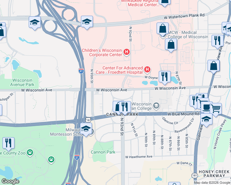 map of restaurants, bars, coffee shops, grocery stores, and more near 9301 West Wisconsin Avenue in Milwaukee