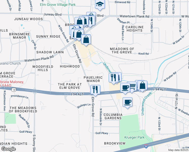 map of restaurants, bars, coffee shops, grocery stores, and more near 640 Dunleith Circle in Elm Grove