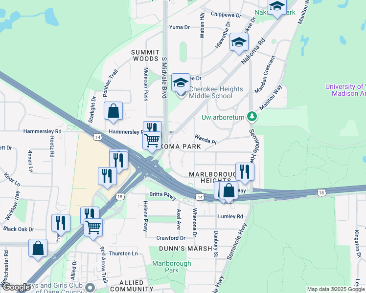 map of restaurants, bars, coffee shops, grocery stores, and more near 4310 Mohawk Drive in Madison