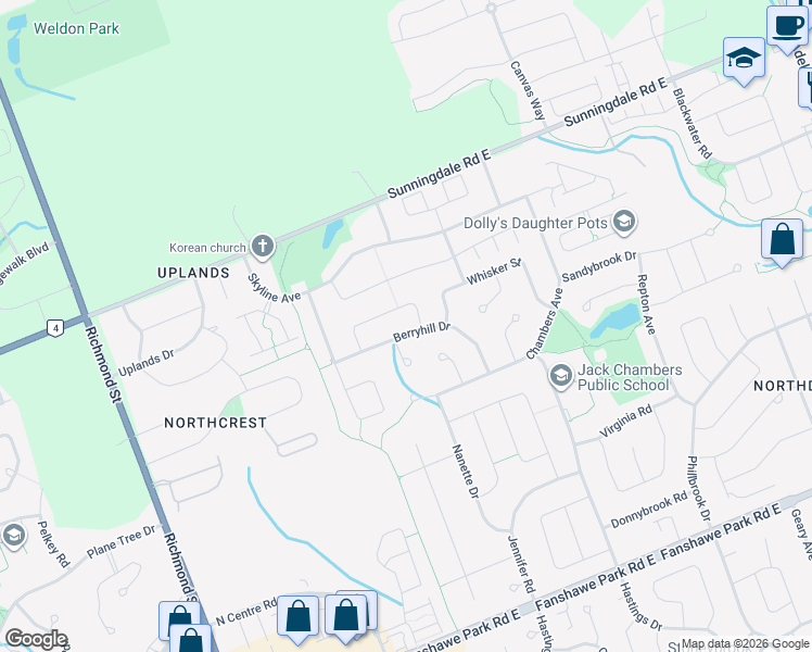map of restaurants, bars, coffee shops, grocery stores, and more near 294 Berryhill Drive in London