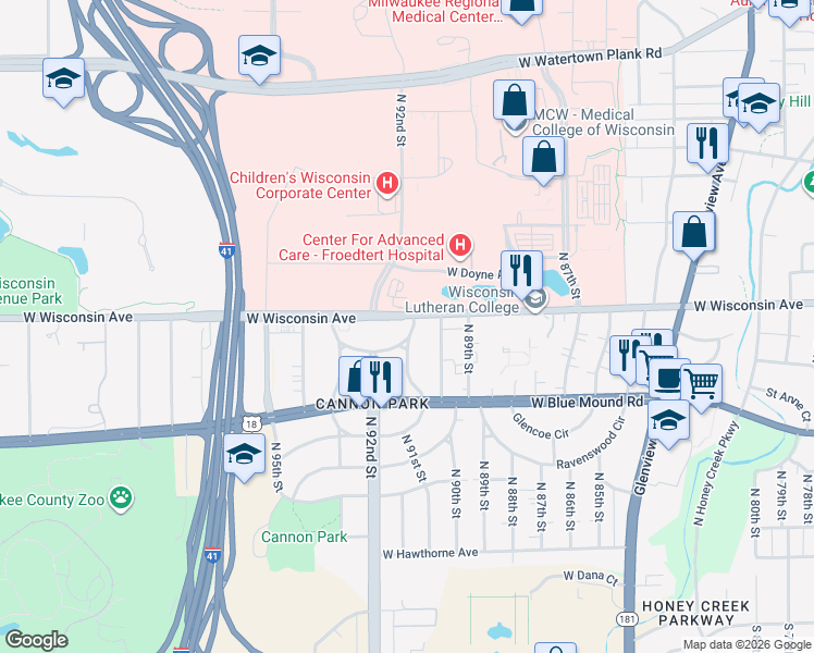 map of restaurants, bars, coffee shops, grocery stores, and more near 9101 W Wisconsin Ave in Milwaukee