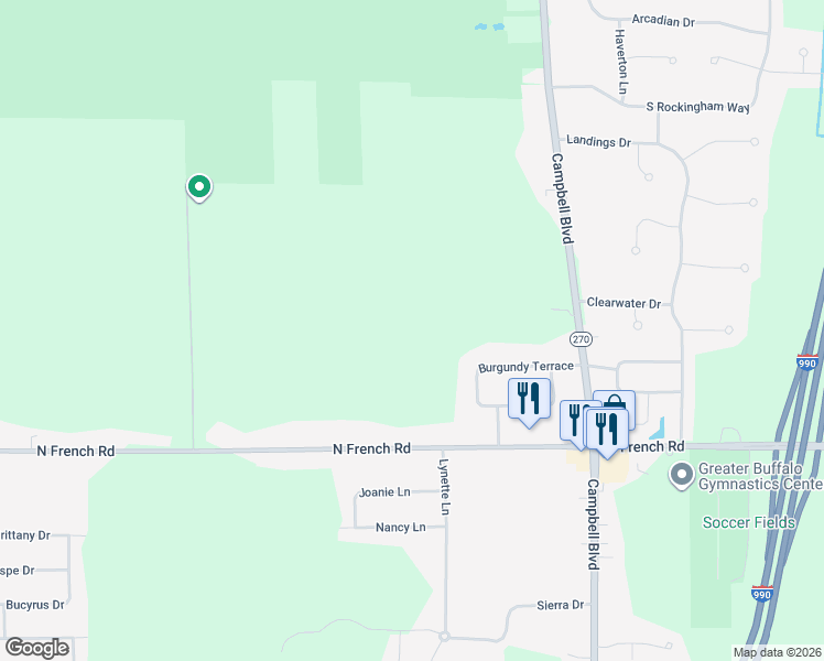 map of restaurants, bars, coffee shops, grocery stores, and more near 95 Burgundy Terrace in Buffalo