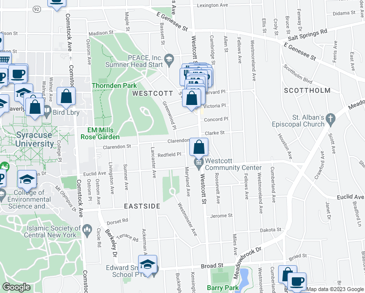 map of restaurants, bars, coffee shops, grocery stores, and more near 710 Maryland Avenue in Syracuse
