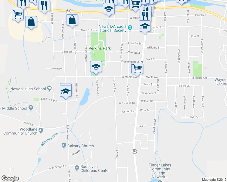 map of restaurants, bars, coffee shops, grocery stores, and more near 121 Grace Avenue in Newark