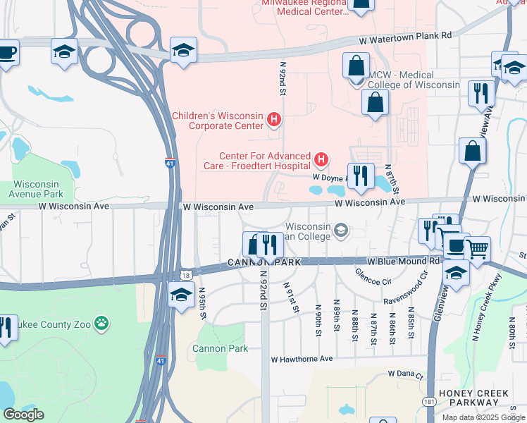 map of restaurants, bars, coffee shops, grocery stores, and more near 9155 West Wisconsin Avenue in Milwaukee