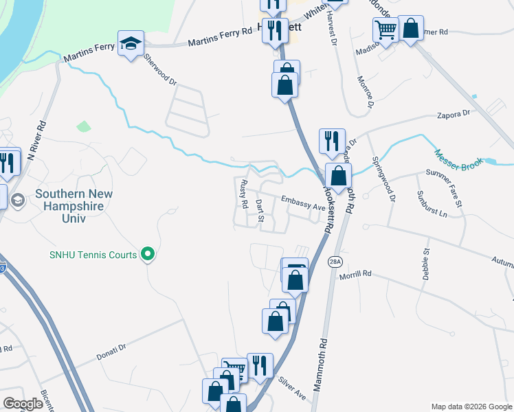 map of restaurants, bars, coffee shops, grocery stores, and more near 9 Dart Street in Hooksett