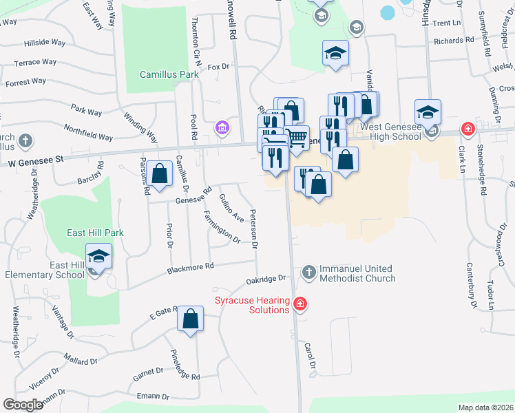 map of restaurants, bars, coffee shops, grocery stores, and more near 212 Peterson Drive in Camillus
