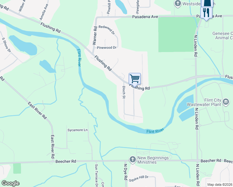map of restaurants, bars, coffee shops, grocery stores, and more near 2217 Disch Street in Flushing