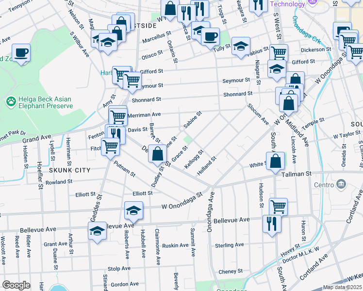 map of restaurants, bars, coffee shops, grocery stores, and more near 210 Grace St in Syracuse