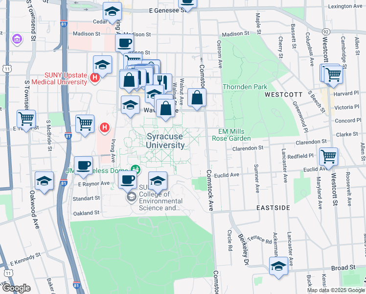 map of restaurants, bars, coffee shops, grocery stores, and more near in Syracuse