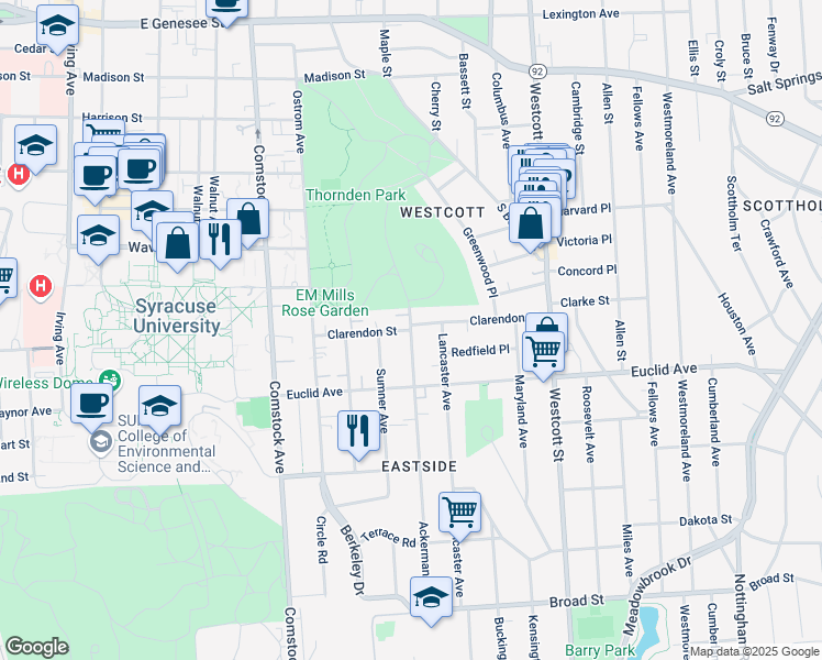 map of restaurants, bars, coffee shops, grocery stores, and more near Ackerman Ave & Clarendon St in Syracuse