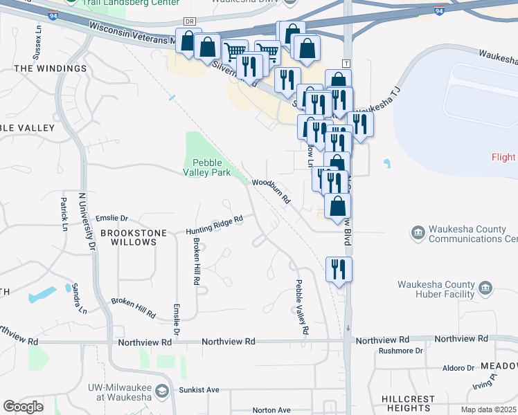 map of restaurants, bars, coffee shops, grocery stores, and more near 2437 Pebble Valley Road in Waukesha