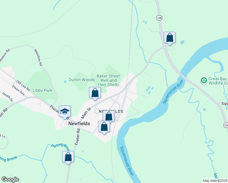 map of restaurants, bars, coffee shops, grocery stores, and more near 52 Main Street in Newfields