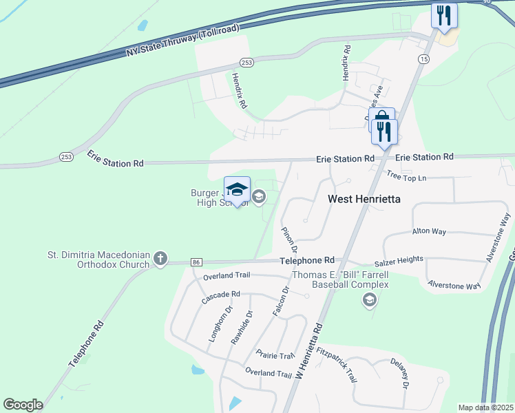 map of restaurants, bars, coffee shops, grocery stores, and more near 639 Erie Station Road in West Henrietta
