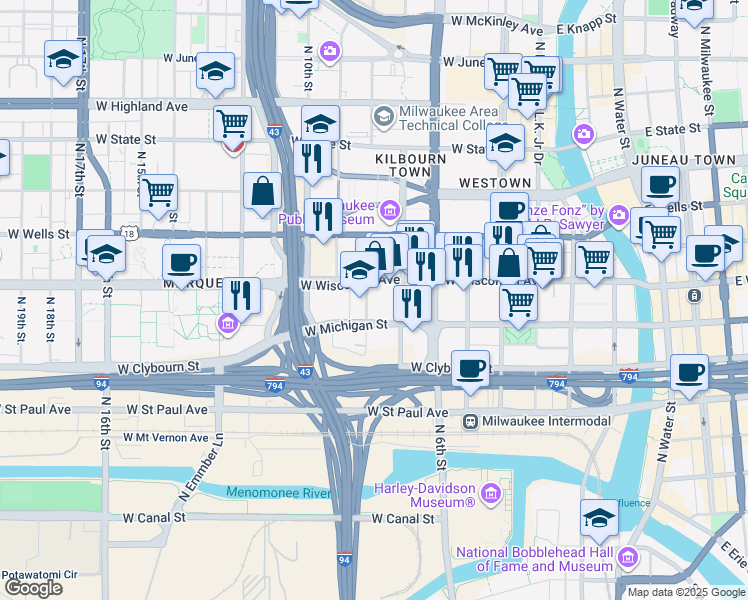 map of restaurants, bars, coffee shops, grocery stores, and more near 735 West Wisconsin Avenue in Milwaukee