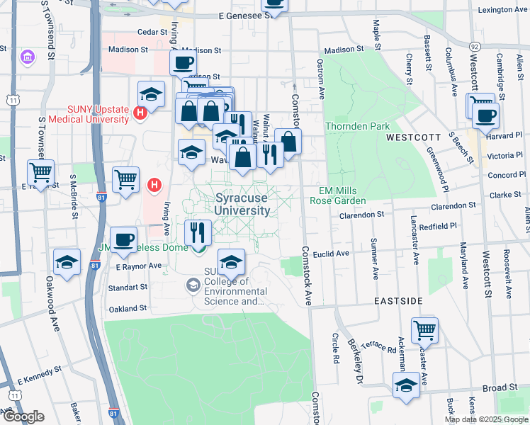 map of restaurants, bars, coffee shops, grocery stores, and more near Smith Drive in Syracuse
