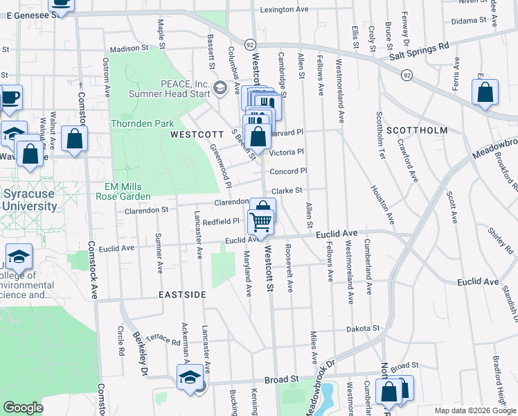 map of restaurants, bars, coffee shops, grocery stores, and more near 708 Westcott Street in Syracuse