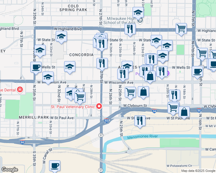 map of restaurants, bars, coffee shops, grocery stores, and more near 635 North 26th Street in Milwaukee