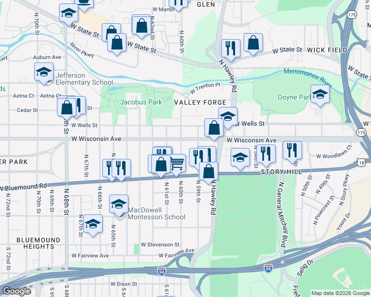 map of restaurants, bars, coffee shops, grocery stores, and more near 5928 West Michigan Street in Wauwatosa