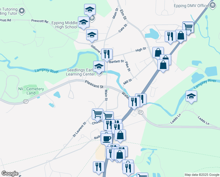 map of restaurants, bars, coffee shops, grocery stores, and more near 133 Main Street in Epping