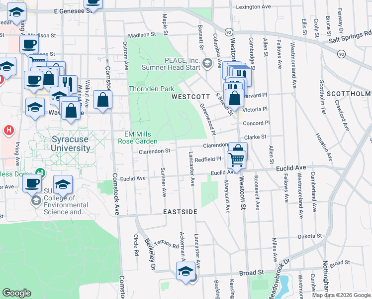 map of restaurants, bars, coffee shops, grocery stores, and more near 710 Lancaster Avenue in Syracuse