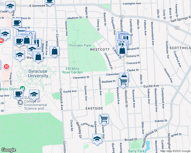 map of restaurants, bars, coffee shops, grocery stores, and more near 710 Lancaster Avenue in Syracuse