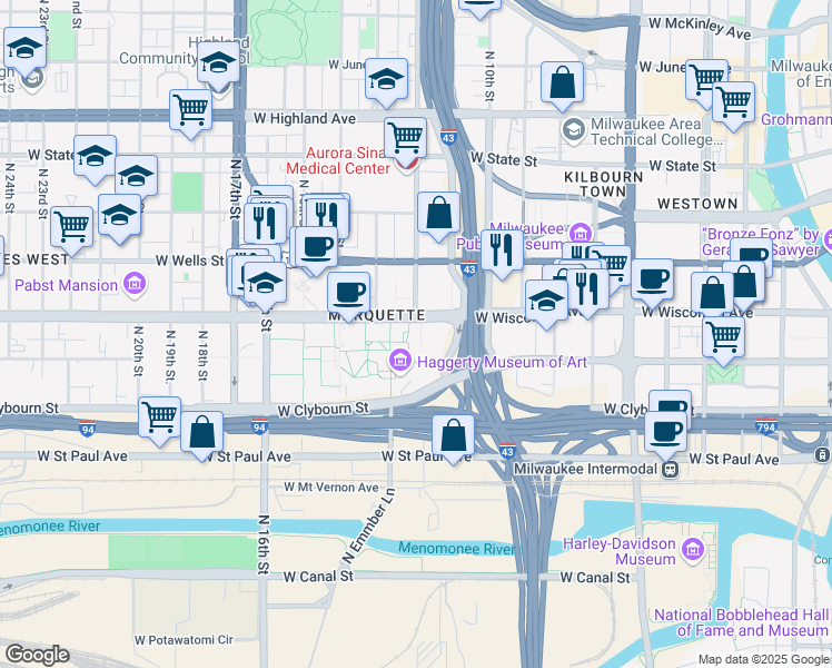 map of restaurants, bars, coffee shops, grocery stores, and more near 1210 West Michigan Street in Milwaukee