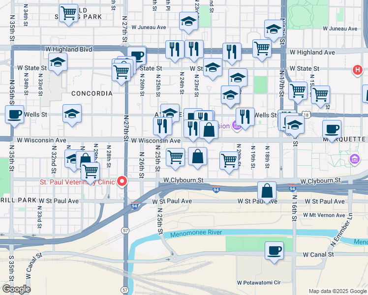 map of restaurants, bars, coffee shops, grocery stores, and more near 617 North 23rd Street in Milwaukee