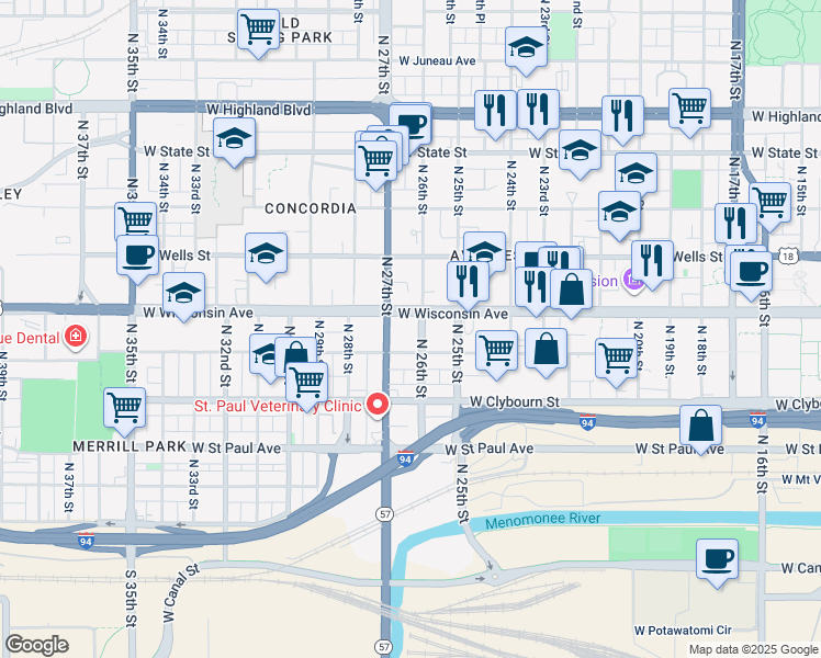 map of restaurants, bars, coffee shops, grocery stores, and more near 612 North 26th Street in Milwaukee